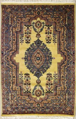3'1x5'2 Pak Persian Area Rug with Silk & Wool Pile - Floral Medallion Design | Hand-Knotted in Gold