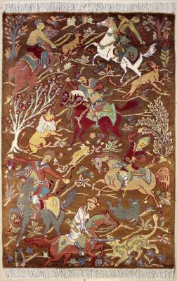 3'2x5'4 Pak Persian Area Rug with Silk & Wool Pile - Pictorial Hunting Shikargah Six Horses Design | Hand-Knotted in Brown