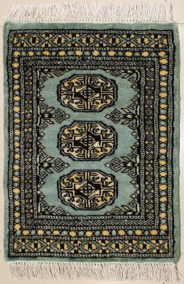 1'6x2'1 Bokhara Jaldar Area Rug with Wool Pile - Special Mori Bokhara Elephant Foot Design | Hand-Knotted in Green