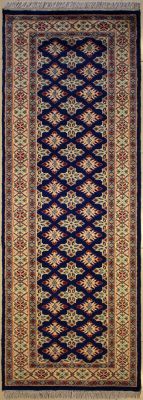 2'7x8'0 Bokhara Jaldar Area Rug with Silk & Wool Pile - Geometric Diamond Design | Hand-Knotted in Blue