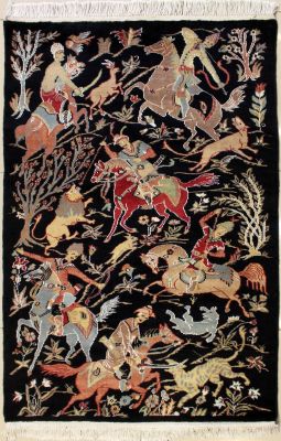 3'3x5'0 Pak Persian Area Rug with Silk & Wool Pile - Pictorial Hunting Shikargah Six Horses Design | Hand-Knotted in Black