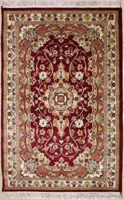 3'0x5'6 Pak Persian Area Rug with Silk & Wool Pile - Floral Design | Hand-Knotted in Red
