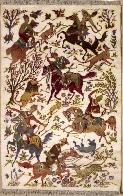 3'2x5'4 Pak Persian Area Rug with Silk & Wool Pile - Pictorial Hunting Shikargah Six Horses Design | Hand-Knotted in Ivory