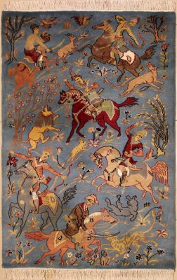 3'3x5'2 Pak Persian Area Rug with Silk & Wool Pile - Pictorial Hunting Shikargah Six Horses Design 