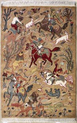 3'3x5'2 Pak Persian Area Rug with Silk & Wool Pile - Pictorial Hunting Shikargah Six Horses Design | Hand-Knotted in Beige