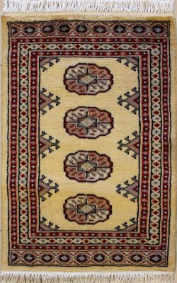 2'0x3'0 Bokhara Jaldar Area Rug with Wool Pile - Special Mori Bokhara Elephant Foot Design | Hand-Knotted in White