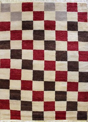 3'1x4'9 Gabbeh Area Rug with Wool Pile - Checkered Design | Hand-Knotted Multicolored | 3x5