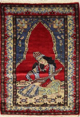 3'1x4'11 Pak Persian Area Rug with Silk & Wool Pile - Pictorial Umar-e-Khayyam Design | Hand-Knotted in Red