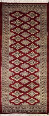 2'8x7'10 Bokhara Jaldar Area Rug with Silk & Wool Pile - Geometric Diamond Design | Hand-Knotted in Red