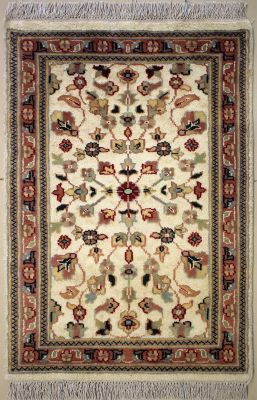 2'1x2'11 Pak Persian Area Rug with Silk & Wool Pile - Floral Design | Hand-Knotted in Ivory