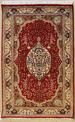 3'0x5'3 Pak Persian High Quality Area Rug with Wool Pile - Floral Medallion Design | Hand-Knotted in Red