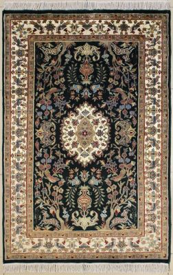 4'1x6'0 Pak Persian Area Rug with Silk & Wool Pile - Pictorial Hunting Shikargah Design | Hand-Knotted in Green