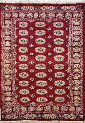 3'11x5'9 Bokhara Jaldar Area Rug with Silk & Wool Pile - Special Mori Bokhara Elephant Foot Design | Hand-Knotted in Red