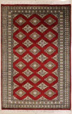 4'0x6'4 Bokhara Jaldar Area Rug with Silk & Wool Pile - Geometric Diamond Design | Hand-Knotted in Red