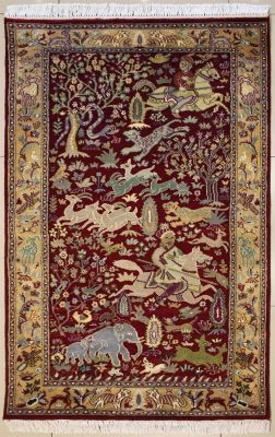 3'0x5'5 Pak Persian High Quality Area Rug with Silk & Wool Pile - Pictorial Hunting Shikargah Design | Hand-Knotted in Red