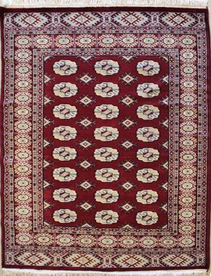 4'1x5'11 Bokhara Jaldar Area Rug with Silk & Wool Pile - Special Mori Bokhara Elephant Foot Design | Hand-Knotted in Red