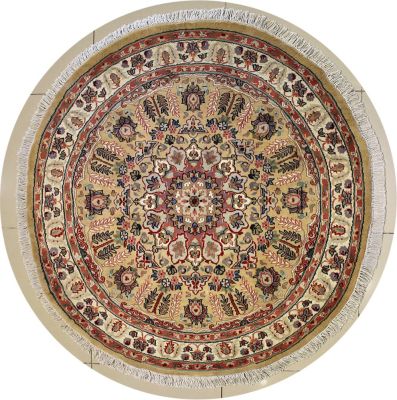 5'1x5'0 Pak Persian Area Rug with Silk & Wool Pile - Floral Design | Hand-Knotted in Beige