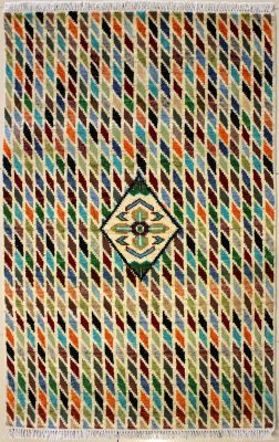3'1x4'11 Gabbeh Area Rug made using Vegetable dyes with Wool Pile - Diamond Design | Hand-Knotted Multicolored | 3x5 Double Knot Rug