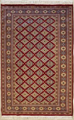 4'1x6'0 Bokhara Jaldar Area Rug with Wool Pile - Geometric Diamond Design | Hand-Knotted in Red