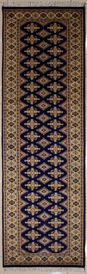 2'7x10'2 Bokhara Jaldar Area Rug with Silk & Wool Pile - Geometric Diamond Design | Hand-Knotted in Blue