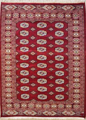4'0x5'11 Bokhara Jaldar Area Rug with Silk & Wool Pile - Special Mori Bokhara Elephant Foot Design | Hand-Knotted in Red