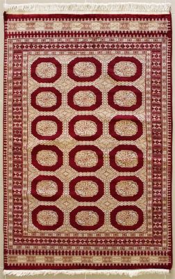 4'2x5'10 Bokhara Jaldar Area Rug with Silk & Wool Pile - Special Mori Bokhara Elephant Foot Design | Hand-Knotted in Red