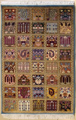 3'0x5'0 Pak Persian High Quality Area Rug with Silk & Wool Pile - Bakhtiari Panel Design | Hand-Knotted in Greenish Blue