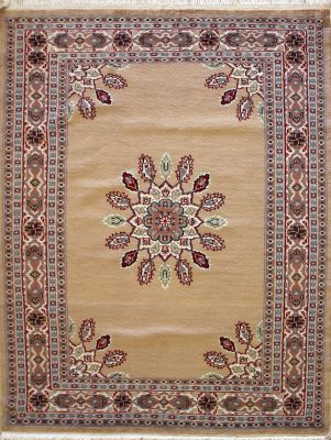 4'2x5'8 Pak Persian Area Rug with Silk & Wool Pile - Ardabil Medallion Design | Hand-Knotted in Beige