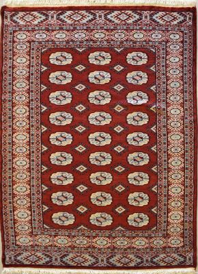 4'1x6'1 Bokhara Jaldar Area Rug with Silk & Wool Pile - Special Mori Bokhara Elephant Foot Design | Hand-Knotted in Red