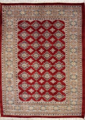 4'0x5'7 Bokhara Jaldar Area Rug with Silk & Wool Pile - Geometric Diamond Design | Hand-Knotted in Red