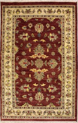 2'11x5'0 Chobi Ziegler Area Rug made using Vegetable dyes with Wool Pile - Floral Design | Hand-Knotted in Red