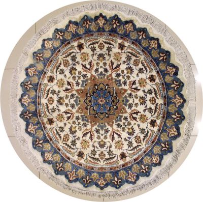 5'1x5'2 Pak Persian Area Rug with Silk & Wool Pile - Floral Design | Hand-Knotted in Ivory