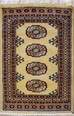 2'0x3'0 Bokhara Jaldar Area Rug with Wool Pile - Special Mori Bokhara Elephant Foot Design | Hand-Knotted in White
