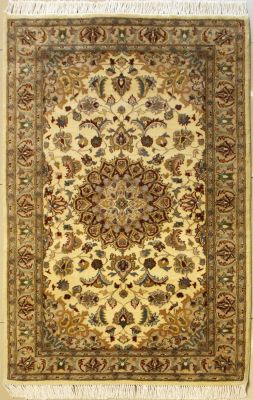 3'0x5'3 Pak Persian High Quality Area Rug with Silk & Wool Pile - Floral Design | Hand-Knotted in White