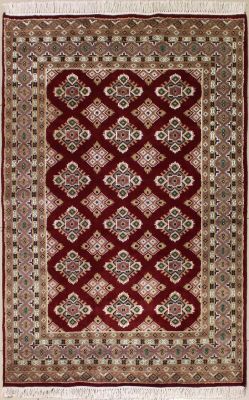 4'0x5'11 Bokhara Jaldar Area Rug with Silk & Wool Pile - Geometric Diamond Design | Hand-Knotted in Red