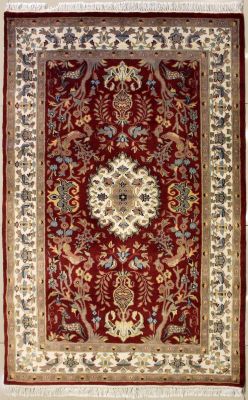 4'0x6'2 Pak Persian Area Rug with Silk & Wool Pile - Pictorial Hunting Shikargah Design | Hand-Knotted in Red