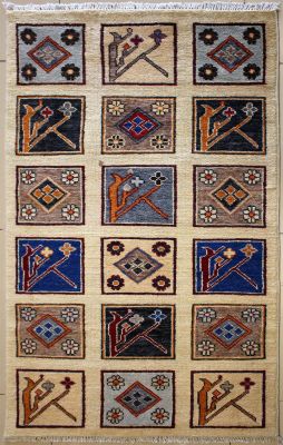 3'0x5'0 Chobi Ziegler Area Rug made using Vegetable dyes with Wool Pile - Bakhtiari Panel Design | Hand-Knotted in White