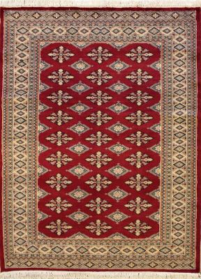 4'0x5'10 Bokhara Jaldar Area Rug with Silk & Wool Pile - Geometric Diamond Design | Hand-Knotted in Red