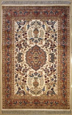 4'1x5'10 Pak Persian Area Rug with Silk & Wool Pile - Pictorial Hunting Shikargah Design | Hand-Knotted in Ivory