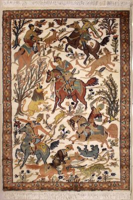 4'1x5'11 Pak Persian Area Rug with Silk & Wool Pile - Pictorial Hunting Shikargah Six Horses Design | Hand-Knotted in Ivory