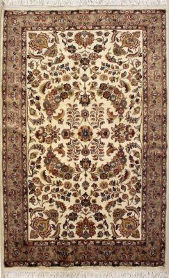 4'2x6'0 Pak Persian Area Rug with Silk & Wool Pile - Floral Design | Hand-Knotted in Ivory