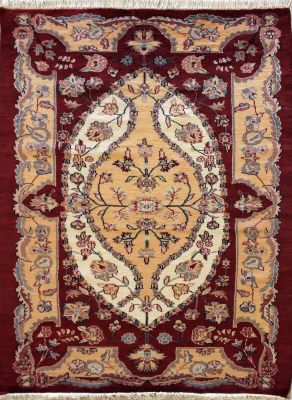 4'0x6'1 Pak Persian Area Rug with Silk & Wool Pile - Floral Design | Hand-Knotted in Red