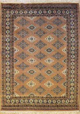 4'0x6'1 Bokhara Jaldar Area Rug with Silk & Wool Pile - Geometric Diamond Design | Hand-Knotted in Beige