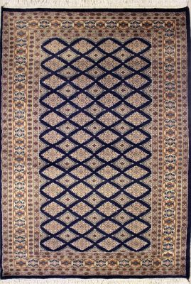 4'1x6'2 Bokhara Jaldar Area Rug with Silk & Wool Pile - Geometric Diamond Design | Hand-Knotted in Blue