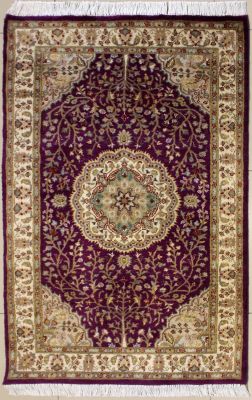 3'0x5'2 Pak Persian High Quality Area Rug with Silk & Wool Pile - Floral Design | Hand-Knotted in Purple