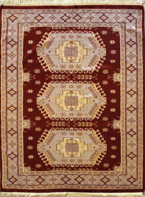 4'1x6'1 Caucasian Design Area Rug with Silk & Wool Pile - Geometric Design | Hand-Knotted in Red