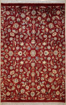 4'0x5'10 Pak Persian Area Rug with Silk & Wool Pile - Floral Design | Hand-Knotted in Red