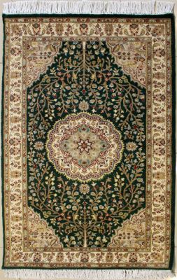 3'0x5'4 Pak Persian High Quality Area Rug with Silk & Wool Pile - Floral Design | Hand-Knotted in Green