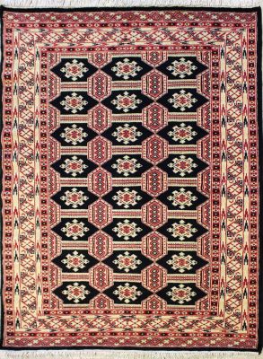 4'1x5'7 Bokhara Jaldar Area Rug with Wool Pile - Geometric Diamond Design | Hand-Knotted in Black