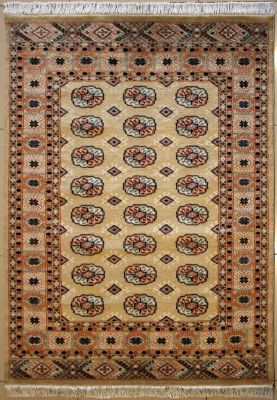 4'2x5'9 Bokhara Jaldar Area Rug with Silk & Wool Pile - Special Mori Bokhara Elephant Foot Design | Hand-Knotted in Beige